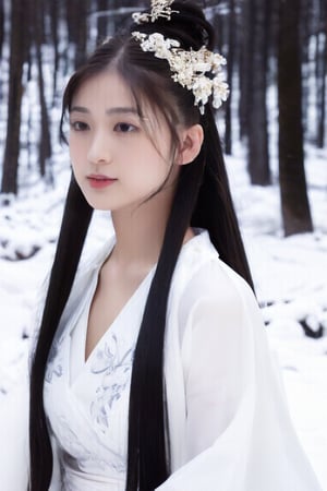 A 23-year-old Taiwanese beauty with long hair, perfect body proportions, naturally large breasts, natural makeup, and a noble and elegant temperament. She is wearing a gorgeous white Hanfu is watching the snow scene. solo, model pose.