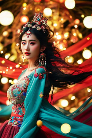 A mystical maiden poses against a backdrop of softly glowing orbs and abstract elements, her flowing black hair adorned with intricate accessories, as she wears an ornate Dunhuang-inspired costume in vibrant hues of turquoise, gold, and red. The dynamic draping of the fabric and soft light convey a sense of movement, amidst the serene yet vivid atmosphere.