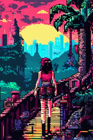 Pixel-Art Adventure featuring a Girl: Pixelated girl character, vibrant 8-bit environment, reminiscent of classic games