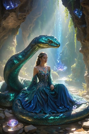 A woman adorned in a deep green gown, seated in a mystical cave with glowing crystals embedded in the walls. She is accompanied by a large, sapphire blue, serpentine creature with intricate scales and jewel-like adornments. The cave is illuminated by the crystal's luminescence, and there are stalactites hanging in the background. The woman's expression is calm and contemplative, and the creature seems to be gently resting against her.