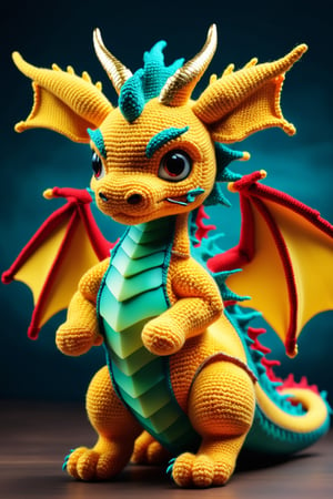 Amigurumi,dragon,3Drendering,toycollection,Ultra-detailed,softtextures,brightcolors,cute,whimsical,handmade,+HD,studio lighting,wonderland,vibrant,playful,golden dragon,dragon_anything