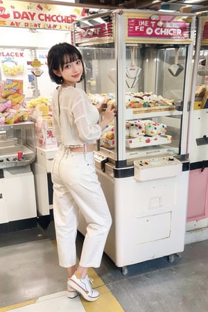 1girl, solo, looking at viewer, smile, short hair, bangs, black hair, full body, shoes, day,pants, , bag, blurry, photo background, masterpiece, best quality, ultra-detailed, illustration, scenery, food, still life, character doll, Claw machine, charactre doll, stuffed toUFOCatcher