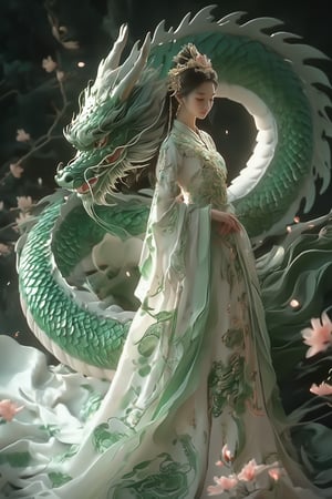 A serene scene where a woman, adorned in a traditional green and white dress, stands gracefully beside a majestic green dragon. The woman wears an ornate headpiece and holds a delicate object in her hand. The dragon, with its intricate scales and fierce yet calm expression, wraps around her, creating a protective and harmonious bond between them. The backdrop is dark, with subtle lighting highlighting the dragon and the woman, and there are floating pink flowers adding to the ethereal atmosphere.,xxmixgirl