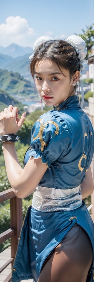 (high quality, masterpiece:1.3, 16k hdr image) Extremely detail picture Chun-li from Street Fighter game, heroic eyes, toned body, spikes hand bracelet, hugging a big panda, extremely detailed eyes, shiny skin, hyper-defined, dynamic pose, windy  scenery, Chinese mountain and scenery background, More Detail, SF2CL, full body ,chun li