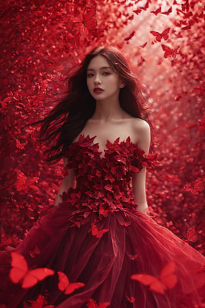 A woman surrounded by a myriad of ruby red butterflies. She wears a gown made of ruby red leaves, which flows gracefully around her. The backdrop is a ruby red-hued environment, possibly signifying a ruby forest or a magical realm. The woman's long, wavy hair flows freely, complementing the ethereal ambiance of the scene.