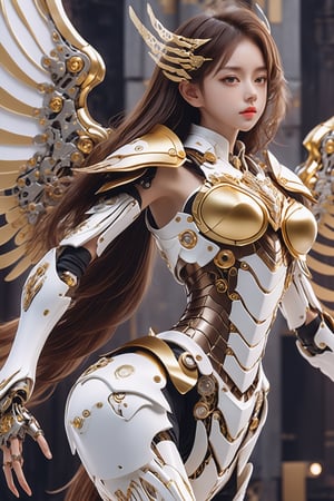 (1girl, looking at viewer), brown long hair, mechanical_wings, dynamic pose, delicate gold filigree, intricate filigree, white metalic parts, golden parts, intricate armor, detailed part, cyborg, Movie Still,ellafreya,candyseul,xxmix_girl