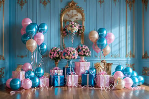An opulent room with intricate white moldings and golden detailing on the walls. A set of large, shiny balloons in pink, blue, and beige colors are prominently displayed, with some of them tethered to the floor. Beneath the balloons, there are several wrapped gifts with ribbons in pink and blue, placed on a wooden floor. On the left side of the room, there's a vase holding a bouquet of pink flowers. On the right, a tall, ornate vase holds a similar bouquet. The room is illuminated with soft, natural light, casting a gentle glow over the entire scene.