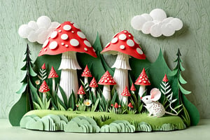 Whimsical paper-crafted landscape: A majestic red mushroom with white spots proudly stands amidst a lush grassy patch, its cap adorned with intricate details. Surrounding the fungus are various paper-cut flowers and plants, with a tiny white mouse perched nearby. Above, three puffy white clouds float against a soft light gray background, subtly shading the scene. The entire whimsical world is brought to life through papercraft, creating a mesmerizing 3D effect.