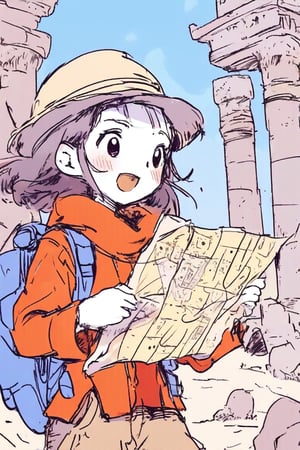 1girl, anime, archaeologist exploring ancient ruins, wearing a safari outfit, holding a map, examining artifacts, excited expression, detailed ruins, soft natural light, intricate background, adventurous atmosphere, vibrant colors, masterpiece
