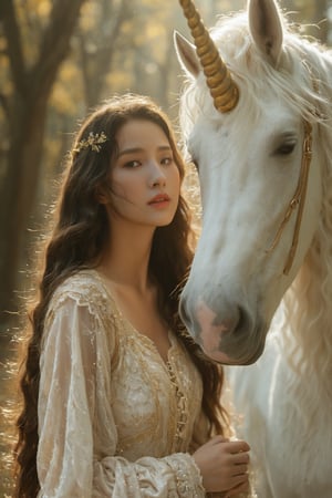 A close-up of a young woman and a white unicorn. The woman has long, wavy hair and is wearing a delicate lace dress. She is positioned closely to the unicorn, with her face almost touching its forehead. The unicorn has a golden horn and its mane is flowing, with some strands covering the woman's face. The background is blurred, emphasizing the subjects, and appears to be an outdoor setting with trees.