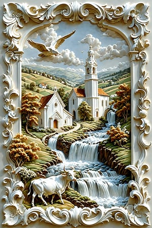 A meticulously crafted artwork, predominantly in shades of white. It features a picturesque landscape with rolling hills, a flowing river, and a majestic waterfall. A quaint village with a church and several houses is nestled amidst the hills. Two oxen stand prominently in the foreground, with one appearing to be drinking water from the river. Above, two birds are seen flying amidst the clouds. The entire scene is framed by ornate, swirling patterns and decorative motifs, adding depth and intricacy to the composition.