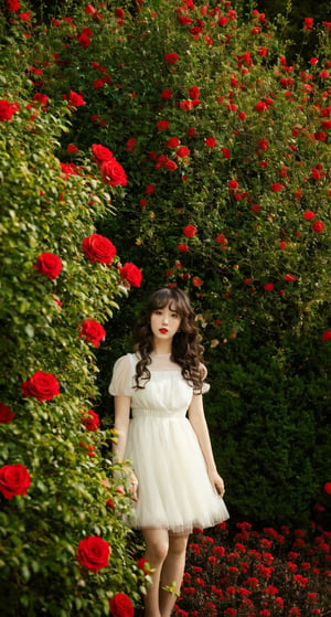 1 girl,solo,dress,flowers,white dress,long hair,fluffy sleeves,red flowers,short sleeves,roses,outdoor,sky,brown hair,natural,fluffy short sleeves,red lips,plants,lips,black hair,curly hair,trees,standing,shrubs,parted lips,red roses,(smoke),light,(night)