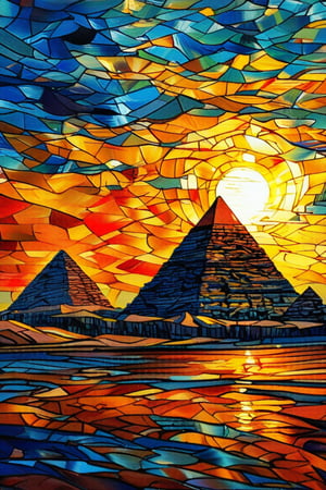 A serene scene of the Pyramids of Giza at dawn, with the golden sands of the desert glowing under the rising sun, in the style of Vincent van Gogh, using a vibrant color palette of warm yellows, deep blues, and soft browns with swirling, textured brushstrokes. Artists: Vincent van Gogh, Mahmoud Mokhtar, Hassan Fathy.