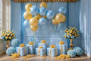 An elegantly decorated room with pastel blue walls. Dominating the center is a cluster of pastel blue and beige balloons held together by a string. Below the balloons, there are several gift boxes, each adorned with a blue ribbon and a yellow bow. On the floor, there's a beautifully crafted cake with a figurine on top, placed next to a vase filled with blue and yellow flowers. To the right, a plush teddy bear sits comfortably, and on the left, a tall vase with yellow flowers stands against the wall. The room is illuminated by natural light coming from a large window.