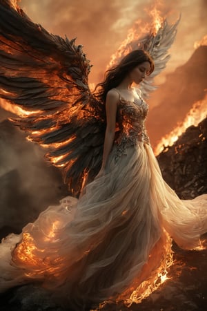 A woman with large, intricately designed wings, crafted from crackling flames and wispy smoke, stands defiantly amidst a scorched earthscape. Her flowing, ethereal gown billows around her as she perches atop rocky terrain, the fiery landscape's infernal glow casting an apocalyptic ambiance. The burning material of her wings, now freed from their fiery prison, seem to defy the blazing background, creating a striking juxtaposition of contrasts.