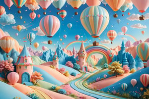 A whimsical, pastel-tinged tableau unfurls, set against a soft peach backdrop. Delicate hot air balloons in pink, blue, and yellow hues float effortlessly, their gentle sway underscored by the wispy white clouds drifting above. A majestic rainbow arches majestically from the ground, its vibrant colors illuminating the scene. Golden, textured hills surround the rainbow's grandeur, creating a sense of depth and dimensionality. The entire composition is rendered in 3D, sculpted style, imbuing the whimsical landscape with a playful, dreamy quality.