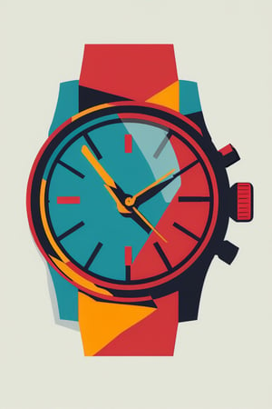 A flat design illustration of a stylish wristwatch, with vibrant and contrasting colors. The style is clean and modern, featuring simple geometric forms, limited shading, and a balanced composition. The colors are bold and dynamic, giving a fresh and retro-futuristic look.