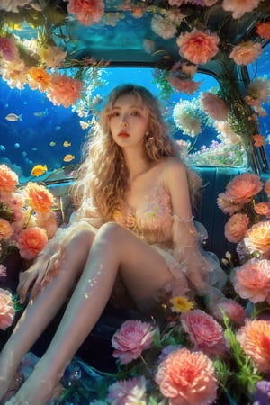 The interior of an old car, many beautiful blooming flowers, the car covered with plant vines, the interior of the car, a girl with long hair sitting in the car, the car is sunk at the bottom of the sea, beautiful flowers and coral reefs, many jellyfish surround the girl, flower car, in car,anime,underwater,emo