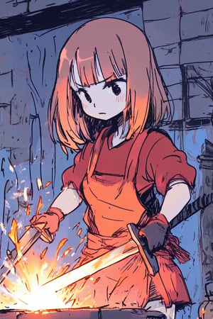 1girl, anime, blacksmith forging a sword, wearing protective gear, sparks flying, intense expression, detailed forge, glowing metal, warm lighting, rustic workshop, intricate background, dynamic atmosphere, vibrant colors, masterpiece
