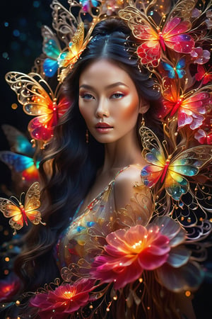 fashion shoot, beautiful goddess, perfect sweet face and eyes, Alcohol ink, splatter art, multicolor oil painting, Miki Asai Macro photography, long blowing hair, Fantastic Realism and Sharp Focus, Mysterious Filigree Elements, filigree red drops, filigree multicolored buterflies, Glowing Accents, fantasy art, watce, golden appear naturally, symmetrical, glowing crystals