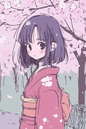 1girl, anime, traditional kimono, cherry blossoms, serene garden