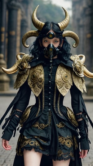  short messy hair, 1 girl, (masterful), blur, black_hair, albino demon girl,slit pupil eyes,Intricate Iris Details,heterochromia_iridis,(gas mask),(long intricate horns:1.2) ,pure white hair,Wearing Medieval black Knight Armor,Gold carved full plate Armor, best quality, highest quality, extremely detailed CG unity 8k wallpaper, detailed and intricate, ,steampunk style,perfecteyes, flower_core