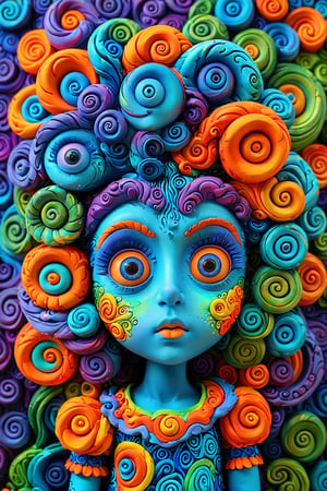 A vibrant and intricately designed character with a blue face and large, expressive eyes. The character's hair is adorned with swirling patterns in a myriad of colors, including shades of orange, blue, purple, and green. The character's attire is decorated with similar colorful swirls. The background is filled with more of these swirling patterns, creating a mesmerizing and dreamy ambiance. 