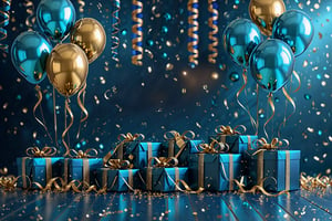 A festive setting with a dark blue background dotted with golden bokeh lights. In the foreground, there are teal-colored balloons, some of which are held aloft by ribbons. Beneath the balloons, there are two teal gift boxes with golden bows. The boxes are placed on a wooden floor, which is scattered with golden confetti, ribbons, and spheres. The entire scene exudes a celebratory and elegant ambiance.