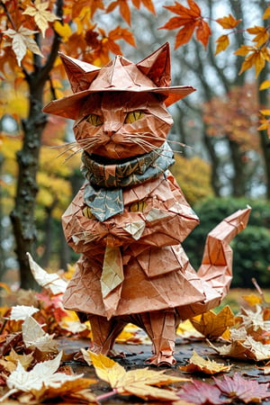 An intricately crafted origami figure resembling a cat. The cat is adorned with a wide-brimmed hat and a flowing scarf, giving it an appearance reminiscent of a wanderer or traveler. It stands on a wet surface, surrounded by fallen autumn leaves, with a blurred background suggesting a serene park or forest setting. The origami is meticulously detailed, with visible folds and creases, and the background is softly focused, emphasizing the cat as the main subject.