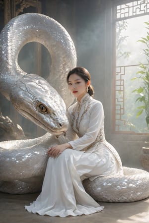 A Vietnamese woman dressed in a traditional, silvery white áo dài, seated in a modern, minimalist room with sleek, white furniture. She is accompanied by a large, pearl white, serpentine creature with intricate scales and jewel-like adornments. The room is illuminated by soft, ambient lighting, and there are large windows in the background. The woman's expression is calm and contemplative, and the creature seems to be gently resting against her.,ao_dai,xxmixgirl