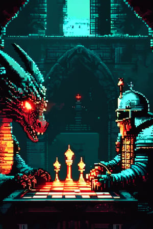 Pixel art of a medieval knight playing chess against a dragon in a dimly lit castle. The chessboard is glowing, and both characters are intensely focused on the game.