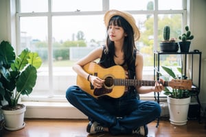 1girl, solo, long hair, black hair, hat, sitting, closed eyes, flower, sleeveless, pants, indoors, window, plant, denim, instrument, headwear removed, hat removed, jeans, music, straw hat, guitar, potted plant, indian style, playing instrument, shelf, poster \(object\), flower pot, cactus, acoustic guitar