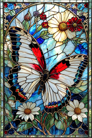 A stunning stained-glass artwork. At its center, a vibrant butterfly with intricate patterns in white, red, and black is perched on a large, detailed flower. The flower has a creamy hue with a dark center and radiating petals. The background is a mesmerizing blend of blues, whites, and greens, creating an ethereal atmosphere. The butterfly's wings are outspread, displaying a beautiful play of colors, and its antennae are prominently visible. The entire composition gives a sense of harmony between nature and art.