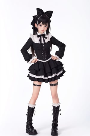 1girl, solo, long hair, looking at viewer, bangs, skirt, simple background, shirt, black hair, long sleeves, white background, dress, bow, ribbon, standing, full body, hair bow, boots, frills, socks, black footwear, black dress, black bow, thigh strap, lolita fashion, hands on hips, gothic lolita