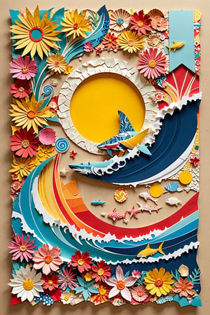 A vibrant and intricate collage of various elements. At the center, a surfer is depicted riding a wave on a surfboard. The wave is crafted from layered paper, displaying a myriad of colors and patterns, including shades of blue, red, and yellow. Above the surfer, a shark is seen emerging from the wave, its form made from the same layered paper. The background consists of a beige wall with a large yellow circle, possibly representing the sun. The bottom of the image is adorned with a variety of flowers in shades of pink, yellow, and white, and there are also some seashells scattered around.