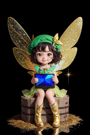 masterpiece,  best quality,  high resolution,  extremely detailed, super cute little fairy artist wearing a beret sitting on ground and drawing on big display tablet, leather boots, colorful wings, detailed clothes, dark curly hair, green eyes, cute smile, golden sparkling fairy dust in air, simple darkerbackground,  cinematic lighting, ,fashion_girl