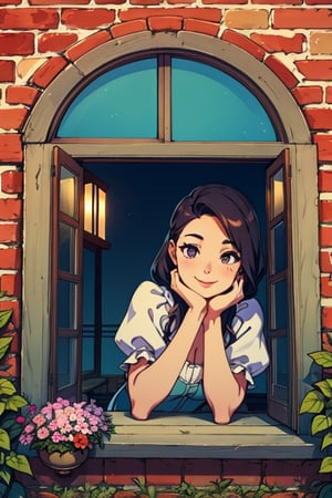 1girl, beautiful, girl wear cosplay costume,  girl for viewing from outside window, flowers in the window, brick wall, look at sunset, cute face, hands on chin pose, upper body, beautiful nature, smile face, romance_mood, Nelly,from outside window,Nelly,barbaradef,Detailedface