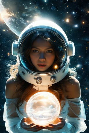 cinematic photo, 4k photo, extremely detail, sexy girl, floating in space, between the star, holding glowing globe moon, ((full glass astronat helmet)), ((sexy)), transparent astronat clothes, white, full body, pretty face, closeup shot ,painting by jakub rozalski,