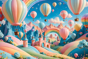 A whimsical, pastel-tinged tableau unfurls, set against a soft peach backdrop. Delicate hot air balloons in pink, blue, and yellow hues float effortlessly, their gentle sway underscored by the wispy white clouds drifting above. A majestic rainbow arches majestically from the ground, its vibrant colors illuminating the scene. Golden, textured hills surround the rainbow's grandeur, creating a sense of depth and dimensionality. The entire composition is rendered in 3D, sculpted style, imbuing the whimsical landscape with a playful, dreamy quality.