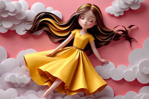 Whimsical female animated character, long flowing brown hair cascading down like a waterfall of golden honey, dons a radiant yellow dress that seems to glow amidst the soft pink hue of wispy clouds, intricately designed to create a 3D effect. Eyes closed, gentle expression on her face, as if basking in the serenity of her cloud-softened surroundings, with subtle papercraft textures adding tactile depth.