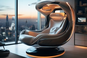 masterpiece, top quality, best quality, official art, beautiful and aesthetic, extreme detailed, a zero-gravity chair with sleek, transparent materials and glowing edges, minimalist design, set in a futuristic living room with panoramic cityscape views