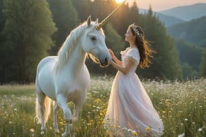 On a moonlit meadow filled with wildflowers, a young maiden in a delicate, pastel-colored dress dances joyfully with her white unicorn. The unicorn's golden horn sparkles under the moonlight, and a gentle breeze rustles the petals around them.

,xxmixgirl