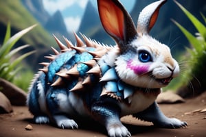 cute rabbit open mouth, blue eyes, tail, full body, horns, no humans, animal, fangs, claws, spikes, realistic, scales, animal focus, whiskers,dragon_anything