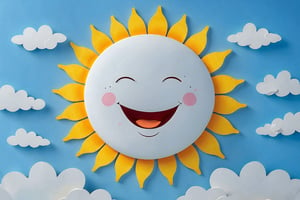 A vibrant and cheerful scene with a large, smiling sun at the center. The sun has a radiant yellow hue with rays extending outward. Surrounding the sun are numerous white clouds, some of which are larger and more detailed, while others are smaller and more abstract. The background is a soft blue, creating a serene sky. The sun is positioned centrally, with clouds scattered around it, giving the impression of a clear day with occasional cloud cover.