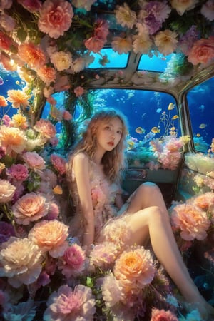 The interior of an old car, many beautiful blooming flowers, the car covered with plant vines, the interior of the car, a girl with long hair sitting in the car, the car is sunk at the bottom of the sea, beautiful flowers and coral reefs, many jellyfish surround the girl, flower car, in car,anime,underwater,emo