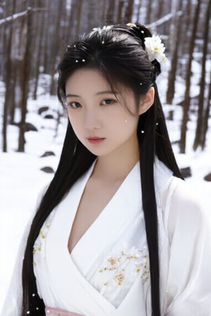 A 23-year-old Taiwanese beauty with long hair, perfect body proportions, naturally large breasts, natural makeup, and a noble and elegant temperament. She is wearing a gorgeous white Hanfu is watching the snow scene. solo, model pose.