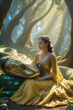 A woman adorned in a golden yellow gown, seated in a lush forest clearing with tall, ancient trees. She is accompanied by a large, bronze, serpentine creature with intricate scales and jewel-like adornments. The clearing is illuminated by sunlight filtering through the leaves, and there are flowers in the background. The woman's expression is calm and contemplative, and the creature seems to be gently resting against her.