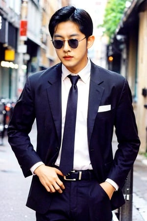 solo, short hair, shirt, black hair, 1boy, jacket, white shirt, male focus, necktie, belt, pants, black jacket, black pants, formal, sunglasses, suit, black necktie, hands in pockets,boy