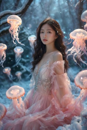 An Asian young woman with long flowing hair, adorned in a delicate silver gown, surrounded by a mesmerizing snow-covered forest environment. She stands amidst a dance of luminescent jellyfish, which glow in hues of pink and blue. The backdrop is a frozen landscape, punctuated by the soft glow of bioluminescent snowflakes and the gentle fall of snow. The woman's gaze is distant, as if lost in thought, while the jellyfish float gracefully around her, creating an ethereal and dreamlike atmosphere.