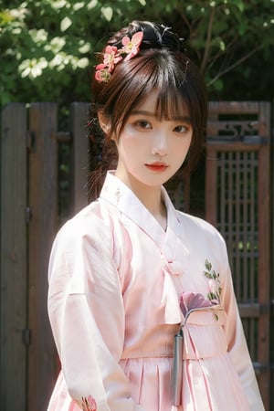 1girl, solo, outdoor, cute korean model girl, hanbok, hair ornament, looking at viewer, hair flower, brown eyes, bangs, masterpiece, best quality, realistic